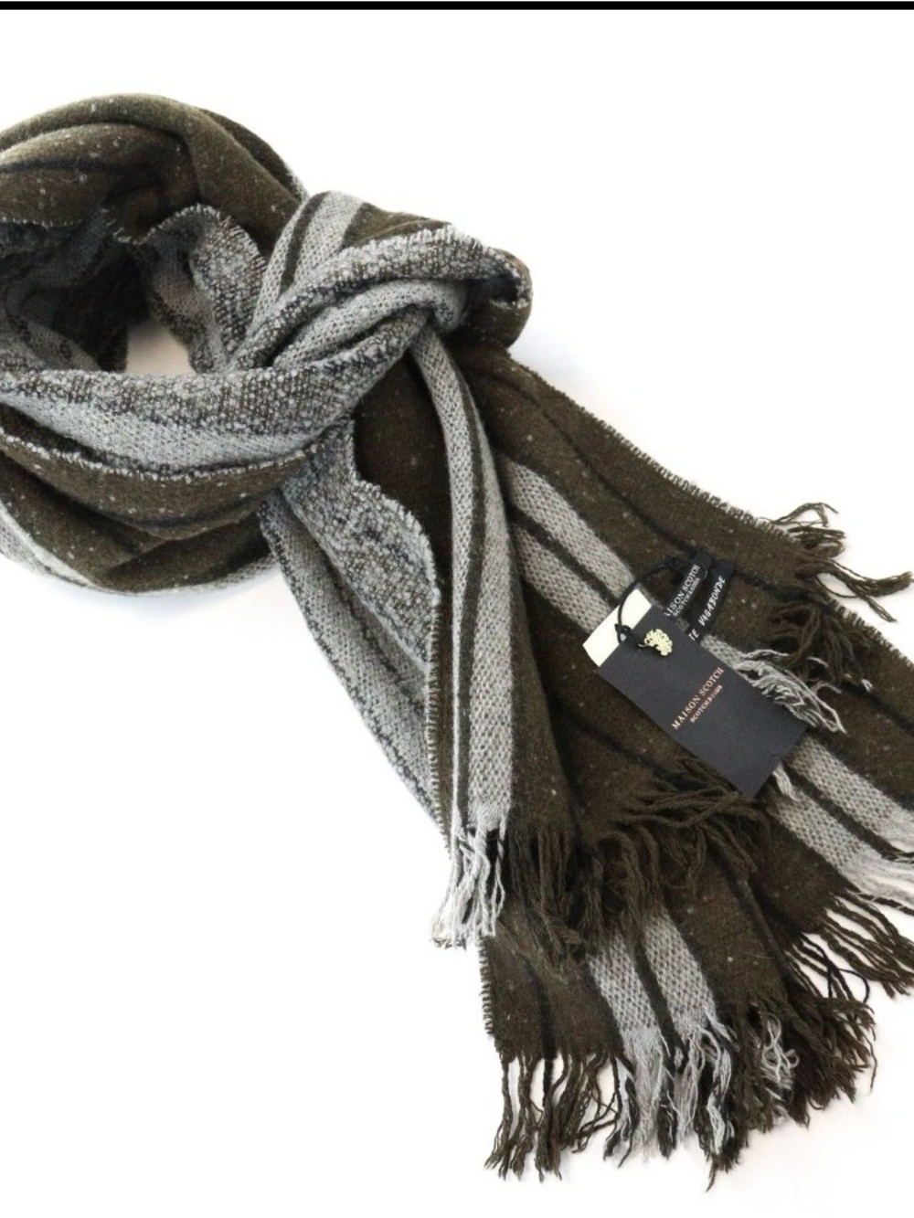 Scotch & Soda Olive and Gray Striped Knit Scarf